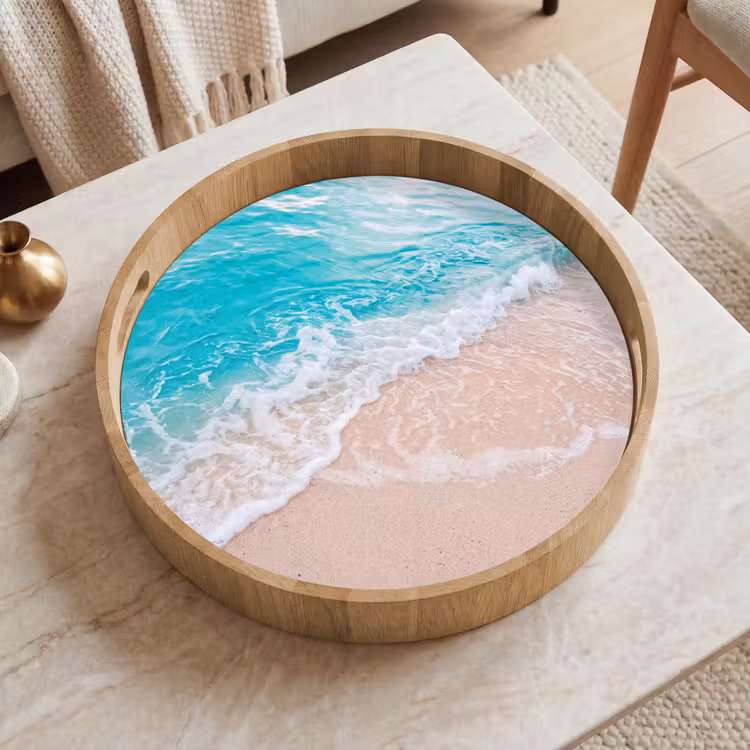 Strand - Zee - Golf - Natuur - Blauw Dienblad Rond middel -sfeer1