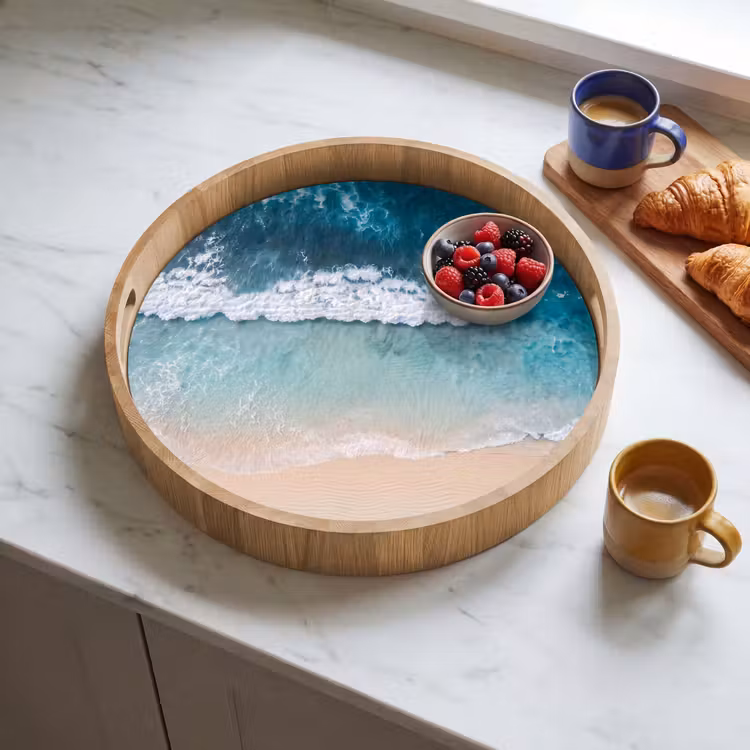 Strand - Zee - Golven - Natuur - Blauw Dienblad Rond middel -sfeer2