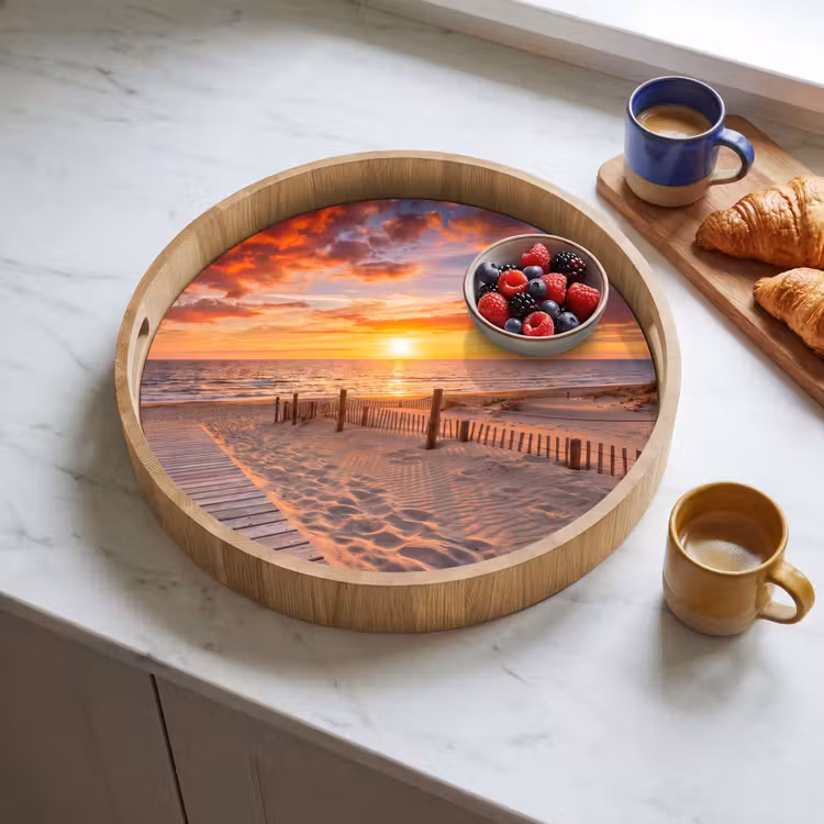 Strand - Zonsondergang - Zee - Natuur - Oranje Dienblad Rond middel -sfeer2