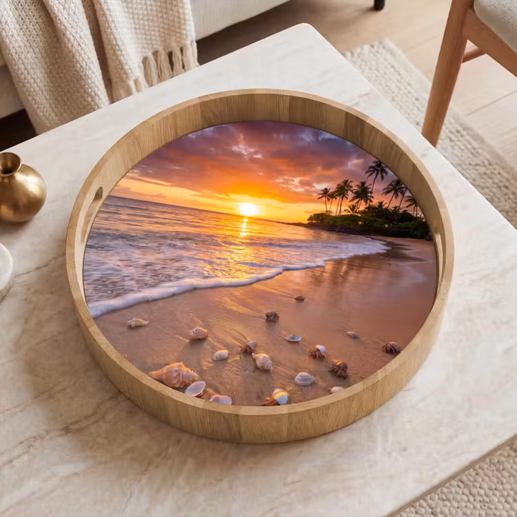 Strand - Zonsondergang - Palmbomen - Natuur - Oranje Dienblad Rond middel -sfeer1