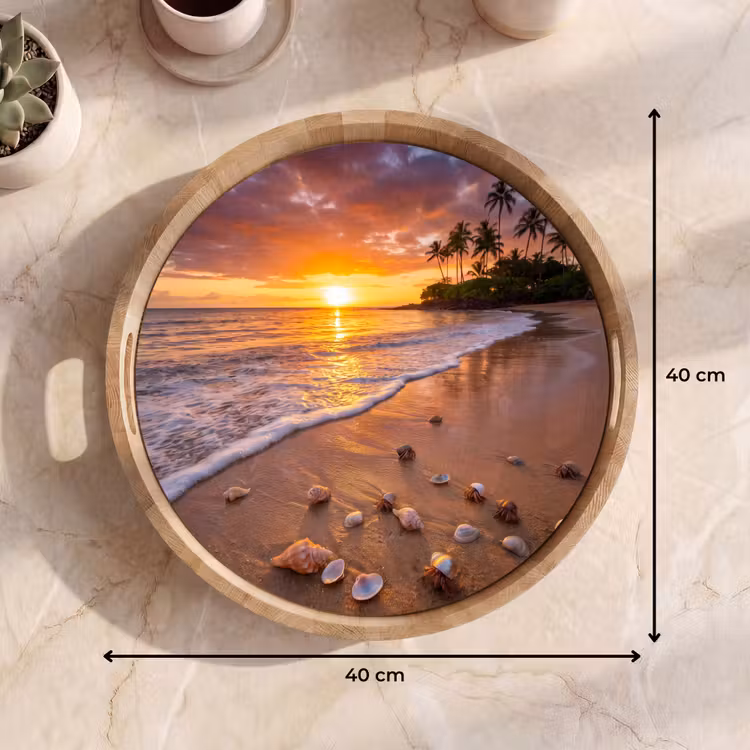 Strand - Zonsondergang - Palmbomen - Natuur - Oranje Dienblad Rond middel -USP_Formaat