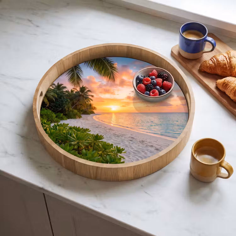 Strand - Zonsondergang - Palmbomen - Tropisch - Natuur Dienblad Rond middel -sfeer2