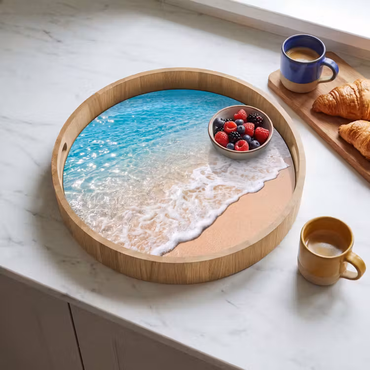 Strand - Water - Natuur - Blauw - Beige Dienblad Rond middel -sfeer2