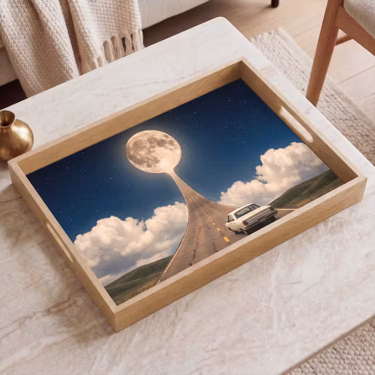 Tablett - Straße – Mond – Nacht - Weg - Maan - Nacht Dienblad Rechthoek middel