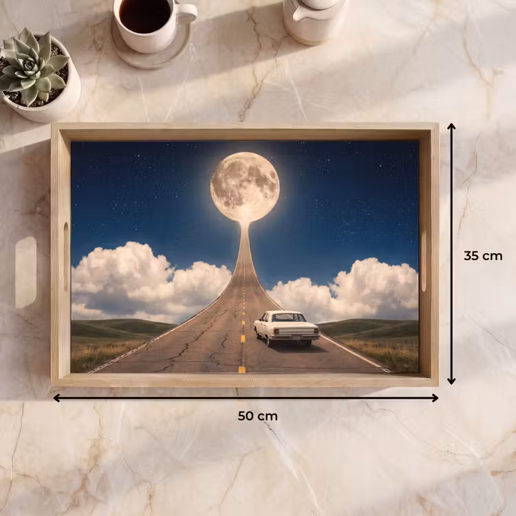 Tablett - Straße – Mond – Nacht - Weg - Maan - Nacht Dienblad Rechthoek middel