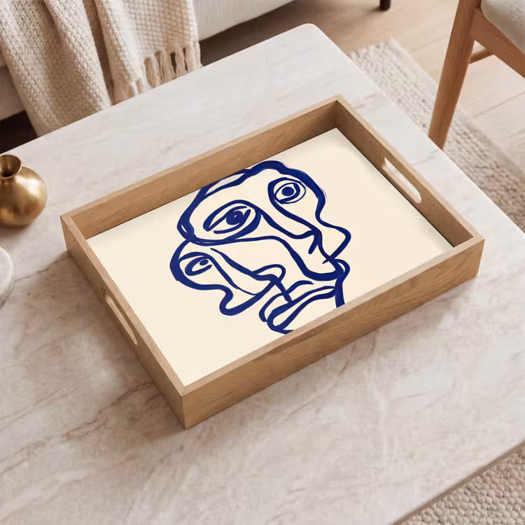 Lijntekening - Overlappende gezichten - Donkerblauw Dienblad Rechthoek middel -sfeer1