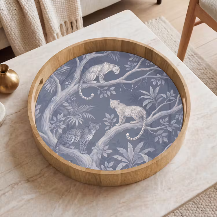 Dieren - Jungle - Illustratie - Bomen - Blauw Dienblad Rond middel -sfeer1