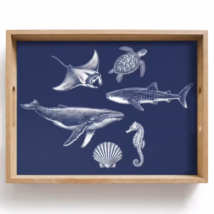 Dieren - Zeeleven - Oceaan - Graveren - Blauw Dienblad Rechthoek middel -z3d_shopping