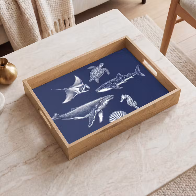 Dieren - Zeeleven - Oceaan - Graveren - Blauw Dienblad Rechthoek middel -sfeer1