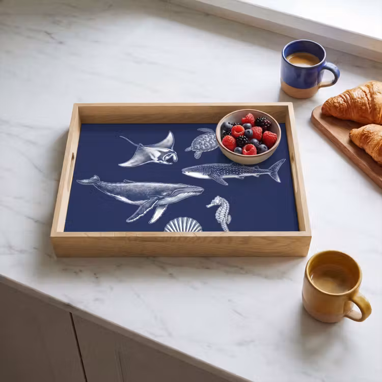Dieren - Zeeleven - Oceaan - Graveren - Blauw Dienblad Rechthoek middel -sfeer2