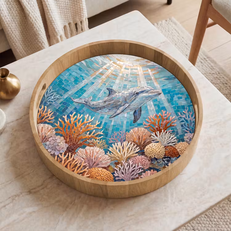 Dieren - Mozaïek - Oceaan - Koraal - Blauw Dienblad Rond middel -sfeer1