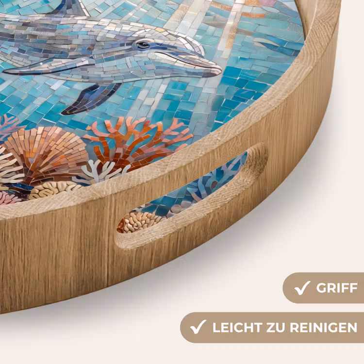 Dieren - Mozaïek - Oceaan - Koraal - Blauw Dienblad Rond middel -USP_HandgreepDE
