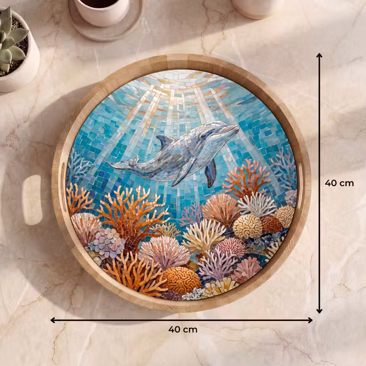 Dieren - Mozaïek - Oceaan - Koraal - Blauw Dienblad Rond middel -USP_Formaat