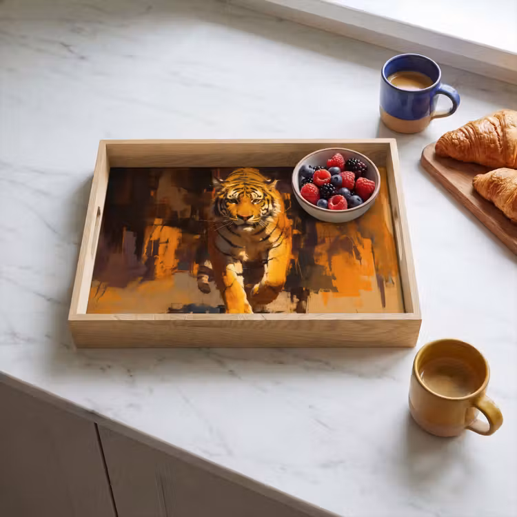 Tijger - Geschilderd - Oranje - Penseelstreken Dienblad Rechthoek middel -sfeer2