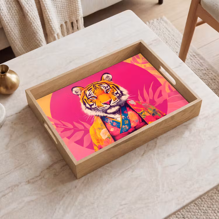 Tijger - Kimono - Planten - Roze Dienblad Rechthoek middel -sfeer1