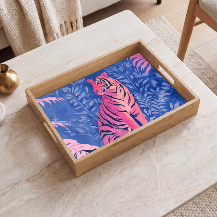 Tijger - Roze - Bladeren - Jungle Dienblad Rechthoek middel -sfeer1