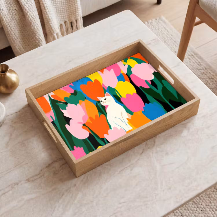 Tulpen - Kat - Kleurrijk Dienblad Rechthoek middel -sfeer1