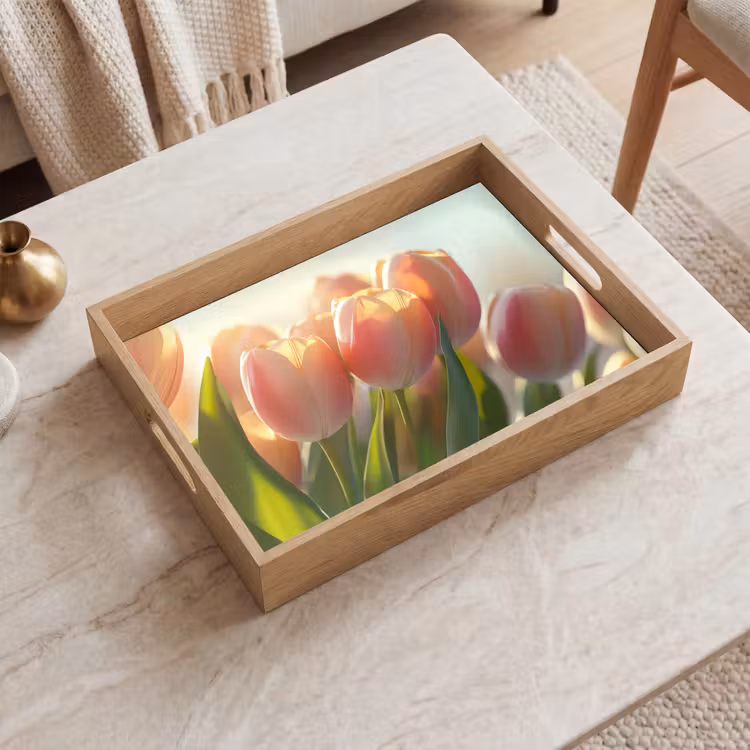 Tulpen - Roze - Zonnestralen Dienblad Rechthoek middel -sfeer1