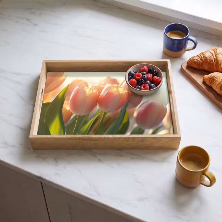 Tulpen - Roze - Zonnestralen Dienblad Rechthoek middel -sfeer2