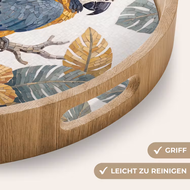 Vogel - Tak - Natuur - Mozaïek - Blauw Dienblad Rond middel -USP_HandgreepDE