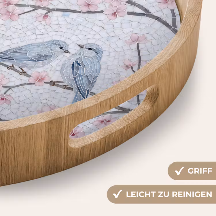 Vogel - Bloemen - Natuur - Mozaïek - Roze Dienblad Rond middel -USP_HandgreepDE