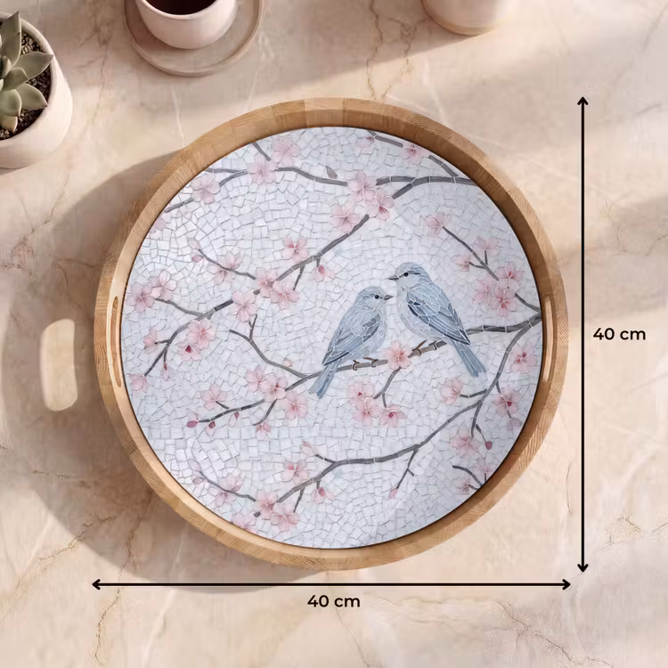 Vogel - Bloemen - Natuur - Mozaïek - Roze Dienblad Rond middel -USP_Formaat