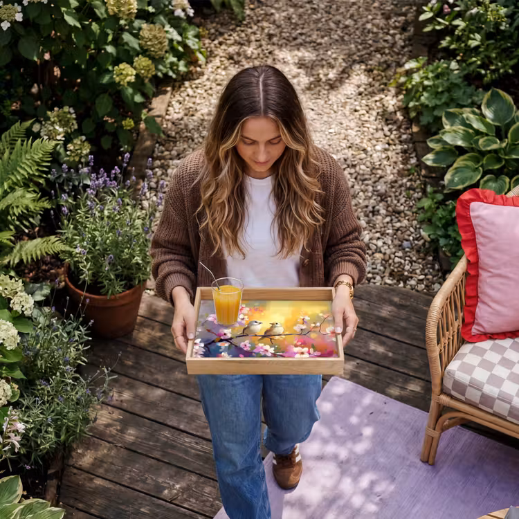 Vogels - Bloemen - Roze Dienblad Rechthoek middel -sfeer5