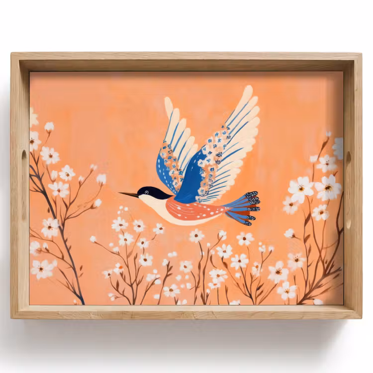 Vogel - Bloesemtakken - Warm - Kleurrijk Dienblad Rechthoek middel -z3d_shopping