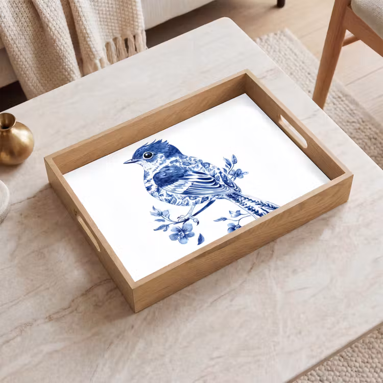 Vogel - Delfts blauw - Illustratie - Bloemen Dienblad Rechthoek middel -sfeer1