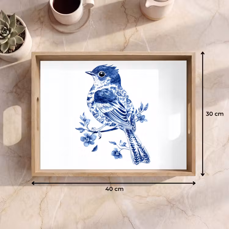 Vogel - Delfts blauw - Illustratie - Bloemen Dienblad Rechthoek middel -USP_Formaat