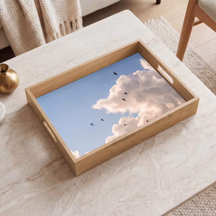 Vogel - Vlucht - Wolken - Natuur - Blauw Dienblad Rechthoek middel -sfeer1