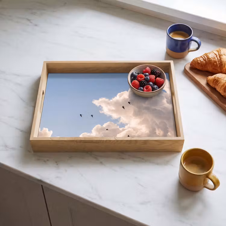 Vogel - Vlucht - Wolken - Natuur - Blauw Dienblad Rechthoek middel -sfeer2