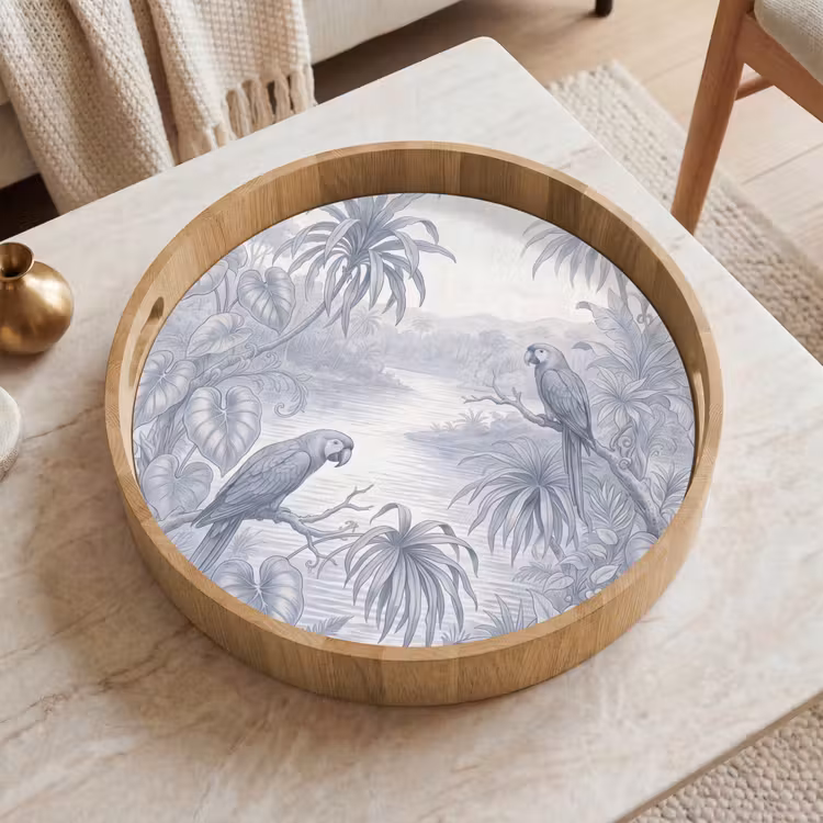 Vogel - Rivier - Tropisch - Illustratie - Blauw Dienblad Rond middel -sfeer1