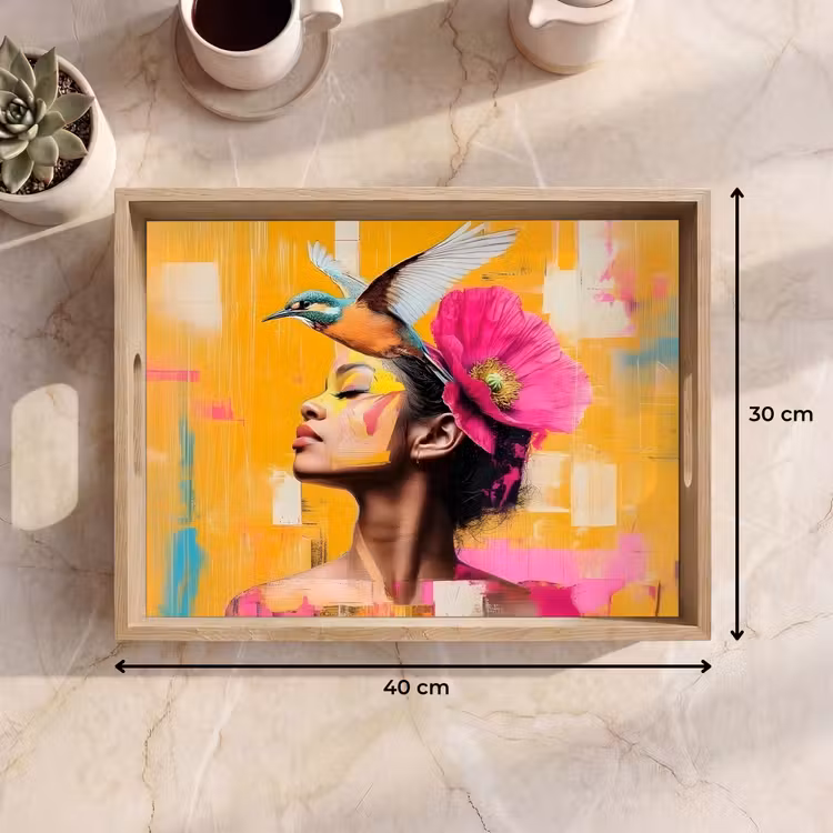 Vogel - Vrouw - Abstract - Bloem Dienblad Rechthoek middel -USP_Formaat