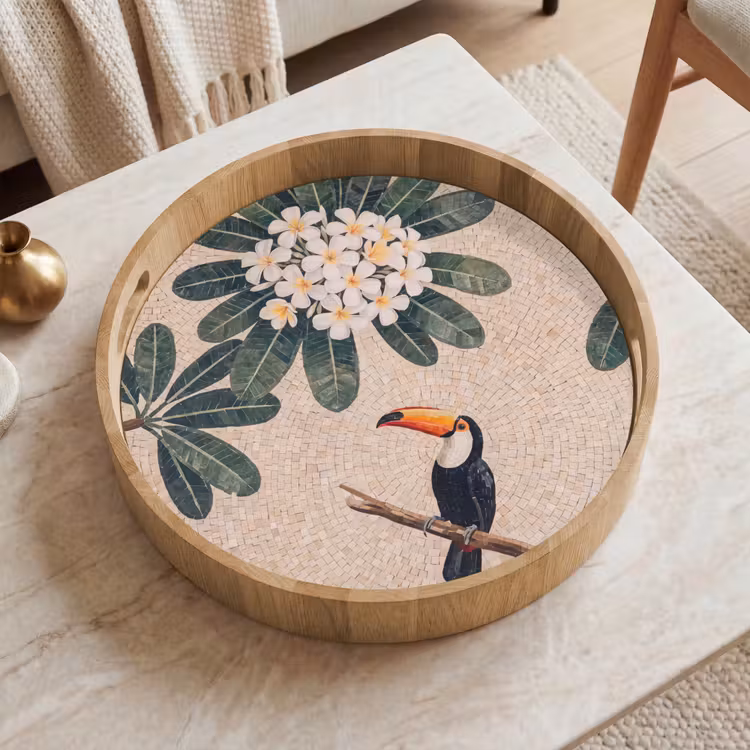 Vogel - Mozaïek - Tropisch - Natuur - Kleurrijk Dienblad Rond middel -sfeer1