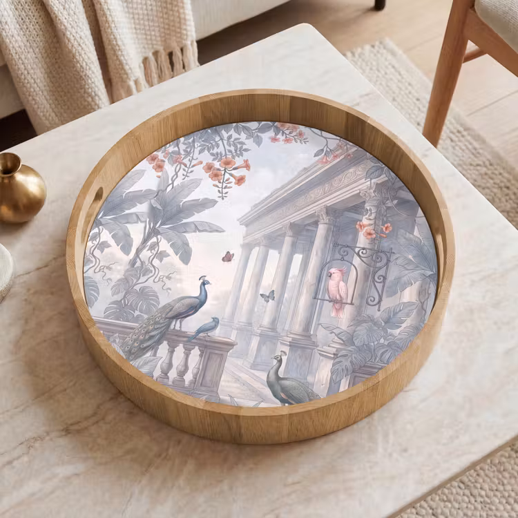 Vogel - Pauw - Architectuur - Klassiek - Groen Dienblad Rond middel -sfeer1