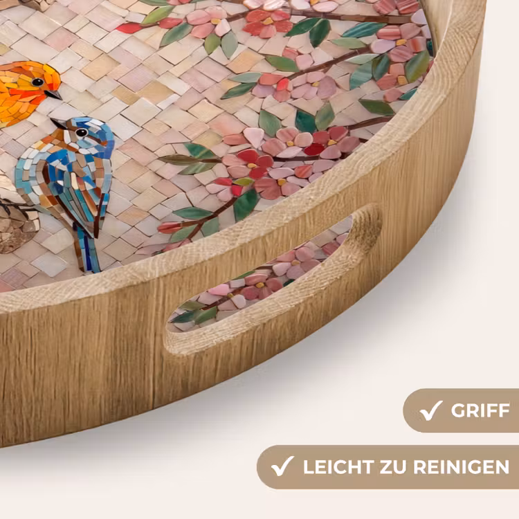Vogel - fontein - mozaiek - kleurrijk - dieren Dienblad Rond middel -USP_HandgreepDE