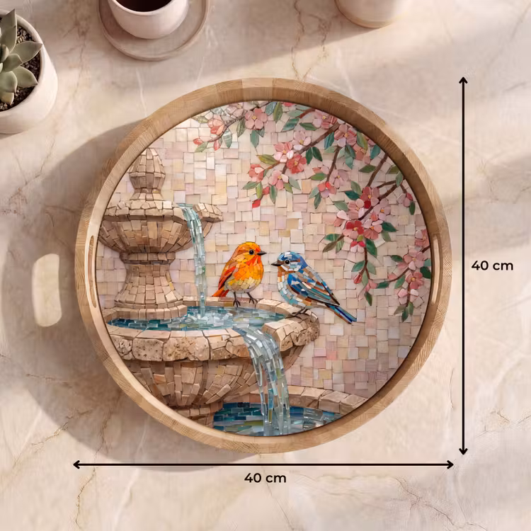 Vogel - fontein - mozaiek - kleurrijk - dieren Dienblad Rond middel -USP_Formaat
