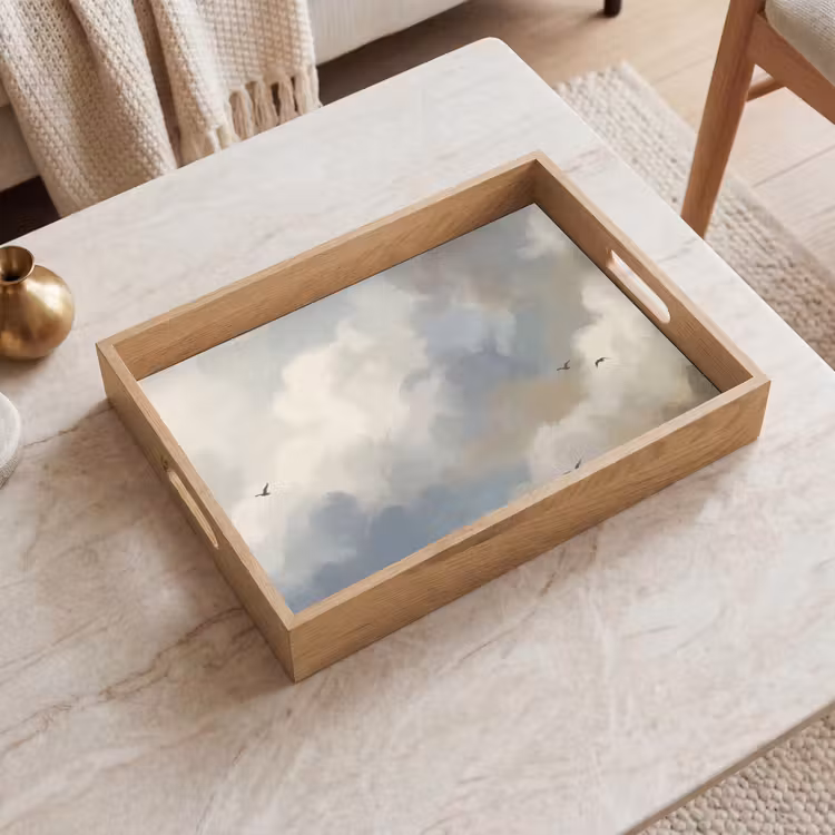 Vogel - Wolken - Natuur - Modern - Grijs Dienblad Rechthoek middel -sfeer1