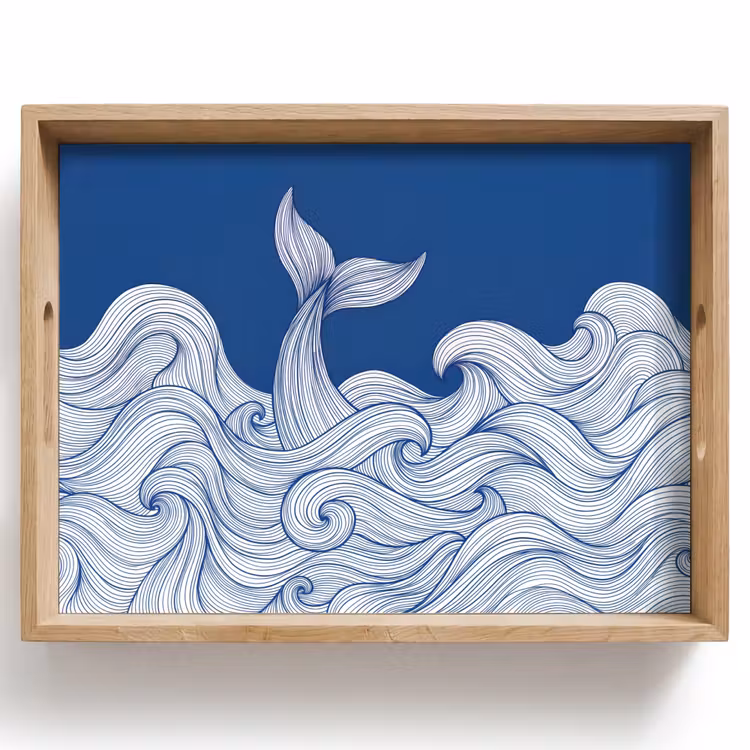 Walvis - Staart - Golven - Lijntekening - Blauw Dienblad Rechthoek middel -z3d_shopping