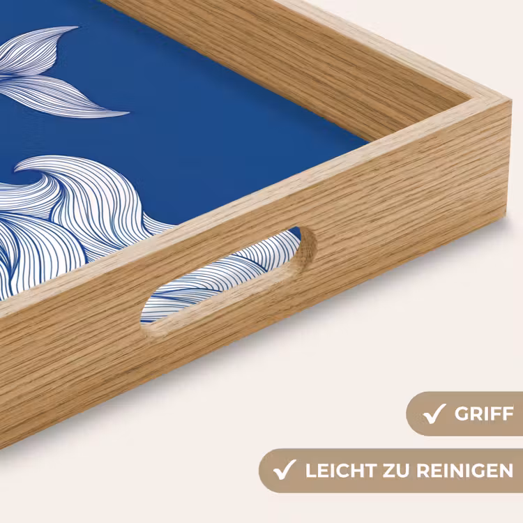 Walvis - Staart - Golven - Lijntekening - Blauw Dienblad Rechthoek middel -USP_HandgreepDE
