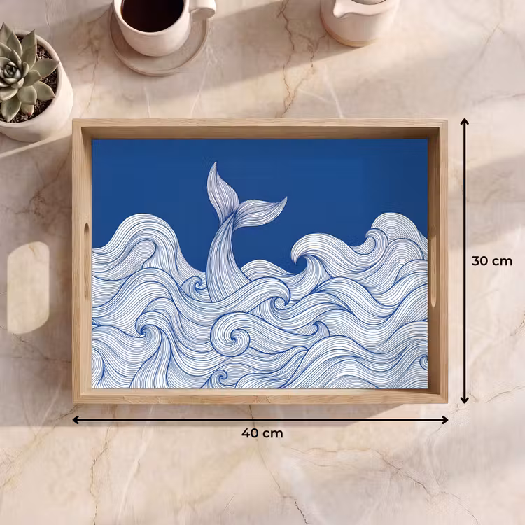 Walvis - Staart - Golven - Lijntekening - Blauw Dienblad Rechthoek middel -USP_Formaat