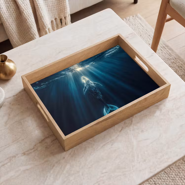 Walvis - Water - Zonnestralen - Blauw Dienblad Rechthoek middel -sfeer1