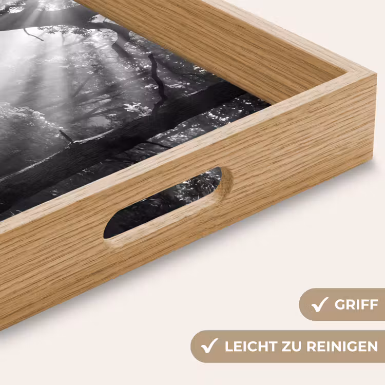 Bos - Lichtstralen - Natuur - Zwart-wit Dienblad Rechthoek middel -USP_HandgreepDE