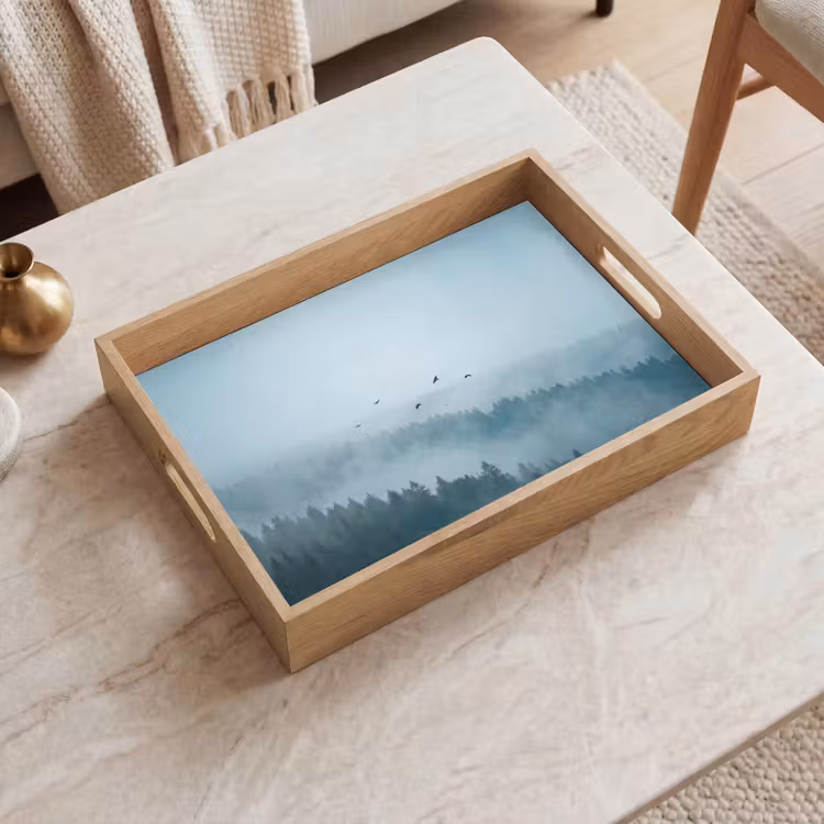 Bos - Mist - Vogels - Natuur - Groen Dienblad Rechthoek middel -sfeer1