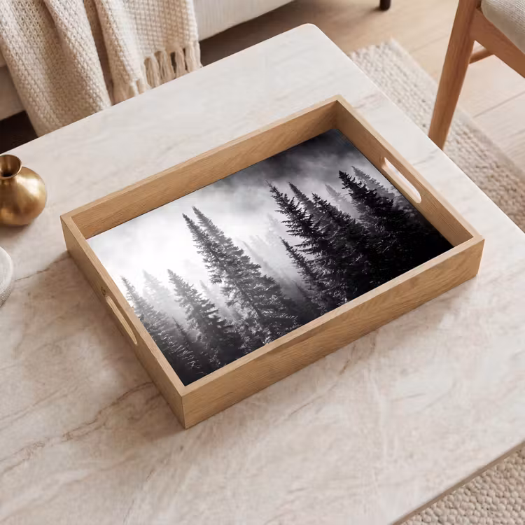 Bos - Mist - Winter - Monochroom - Natuur Dienblad Rechthoek middel -sfeer1