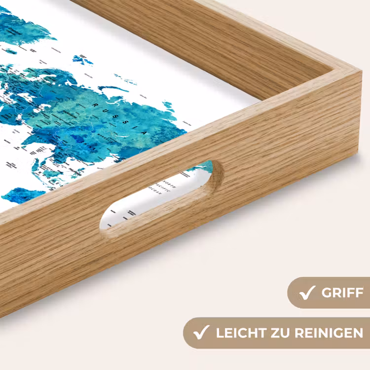 Wereldkaart - Blauw - Kleurrijk Dienblad Rechthoek middel -USP_HandgreepDE