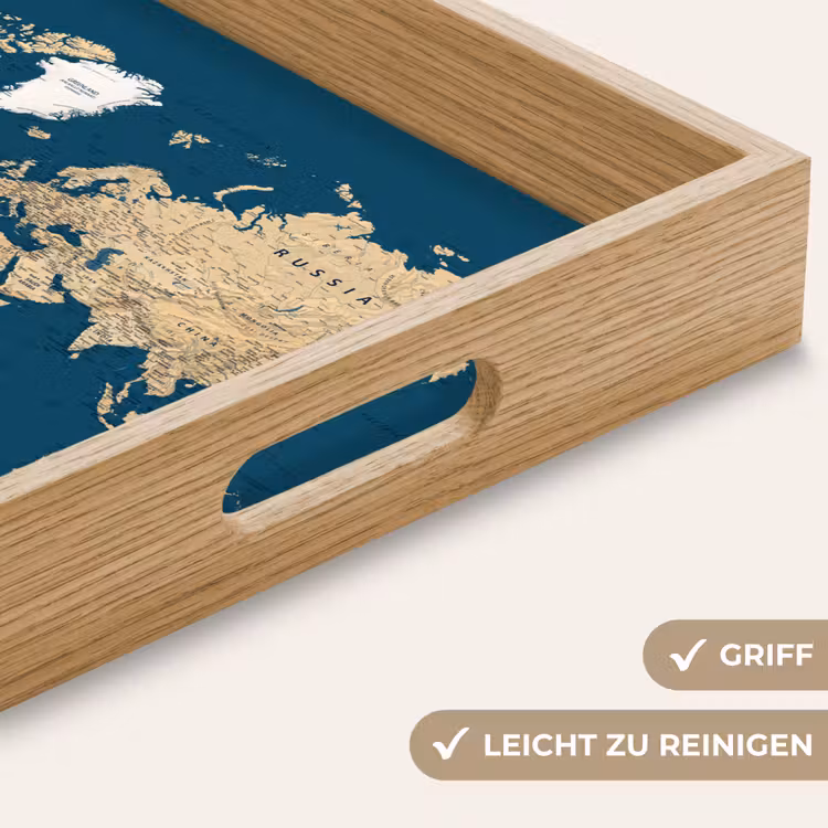 Wereldkaart - Donkerblauw - Beige Dienblad Rechthoek middel -USP_HandgreepDE