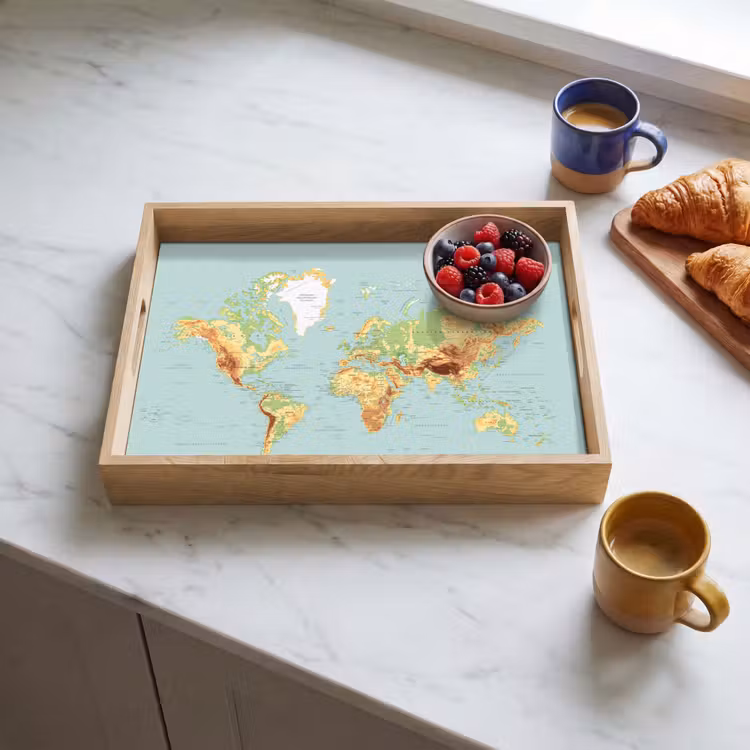 Wereldkaart - Realistisch - Blauw Dienblad Rechthoek middel -sfeer2