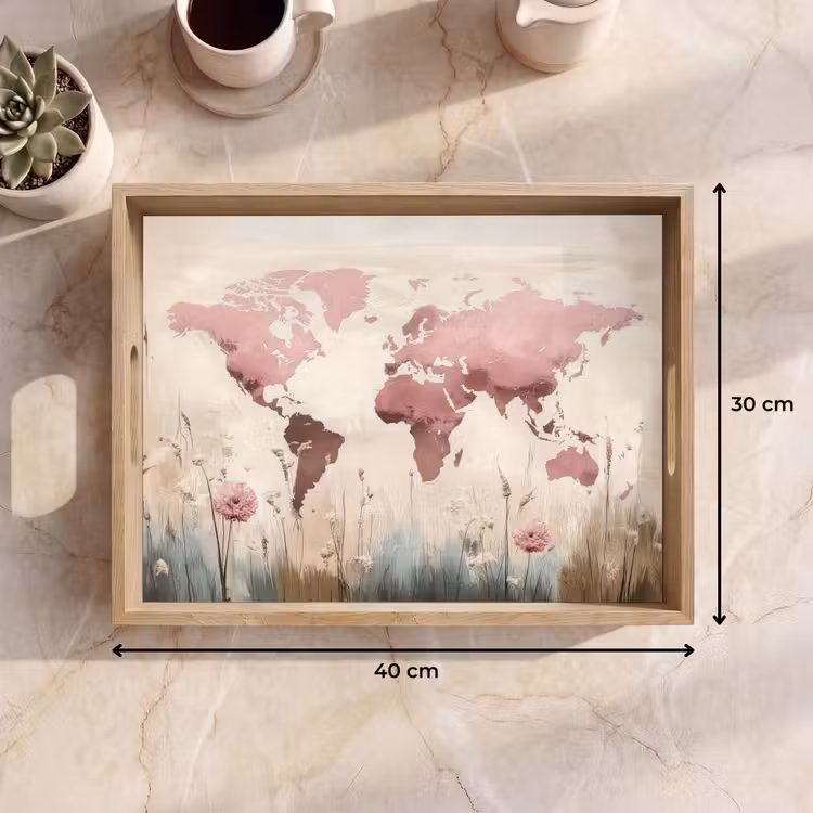 Wereldkaart - Roze - Bloemen Dienblad Rechthoek middel -USP_Formaat